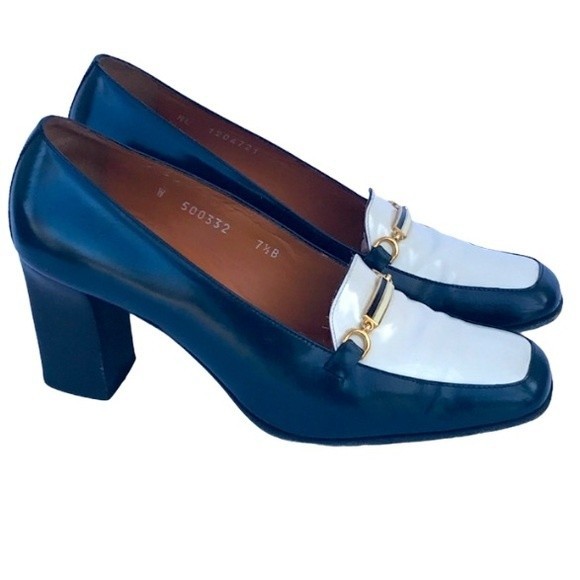 90s Ralph Lauren Purple Label Loafer Italian Leather pumps teal /white size 7.5 - Picture 1 of 16